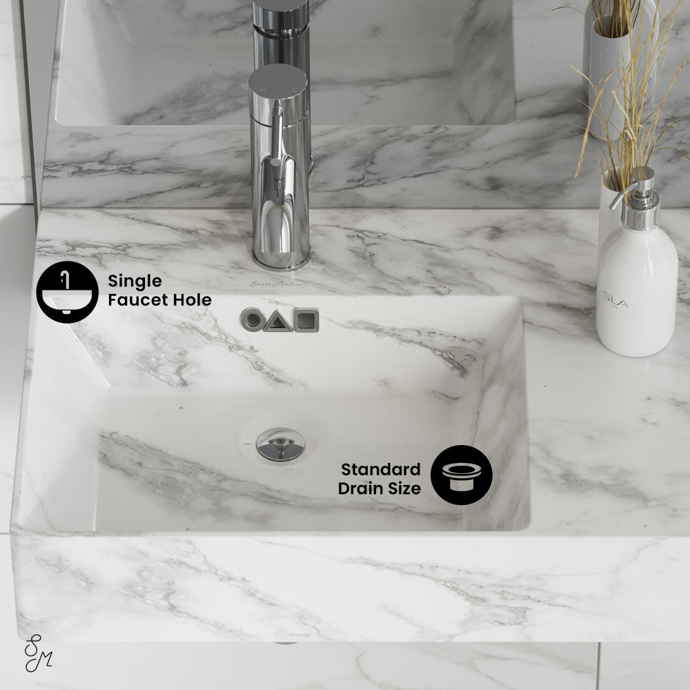 Swiss Madison St. Tropez 24" Left Side Faucet Wall-Mount Bathroom Sink in White Marble