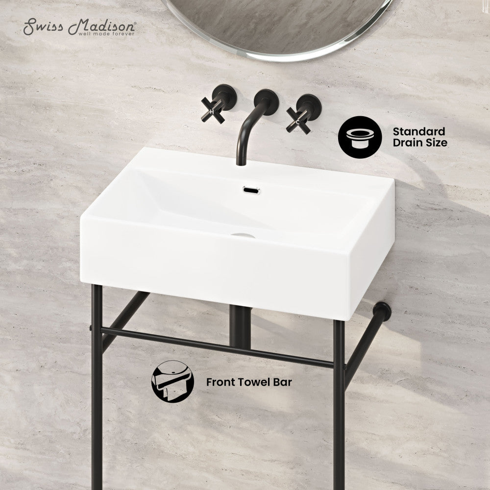 Swiss Madison Claire 24" Rectangle Zero Hole Console Sink with Matte Black Legs