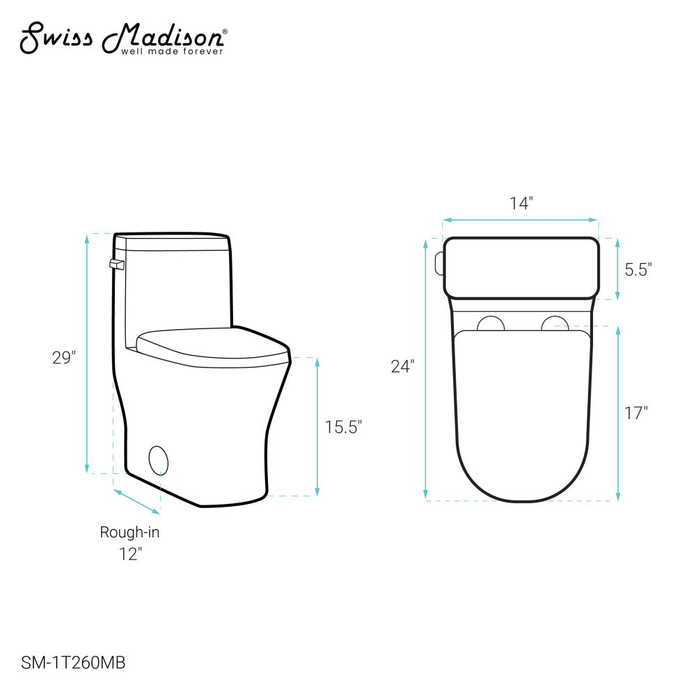 Swiss Madison Sublime II One-Piece 12" Rough-in 1.28 GPF Left Flush Round Compact Toilet in Matte Black