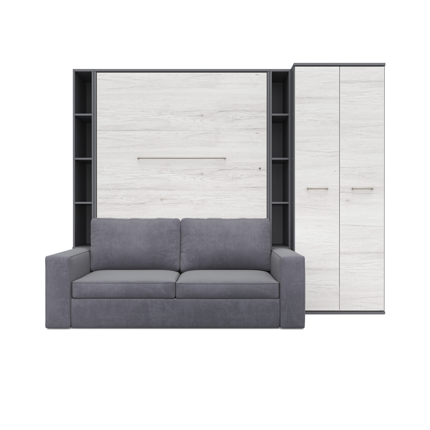 Maxima House Vertical European FULL size Murphy Bed Invento with a Sofa, two Shelves and Wardrobe