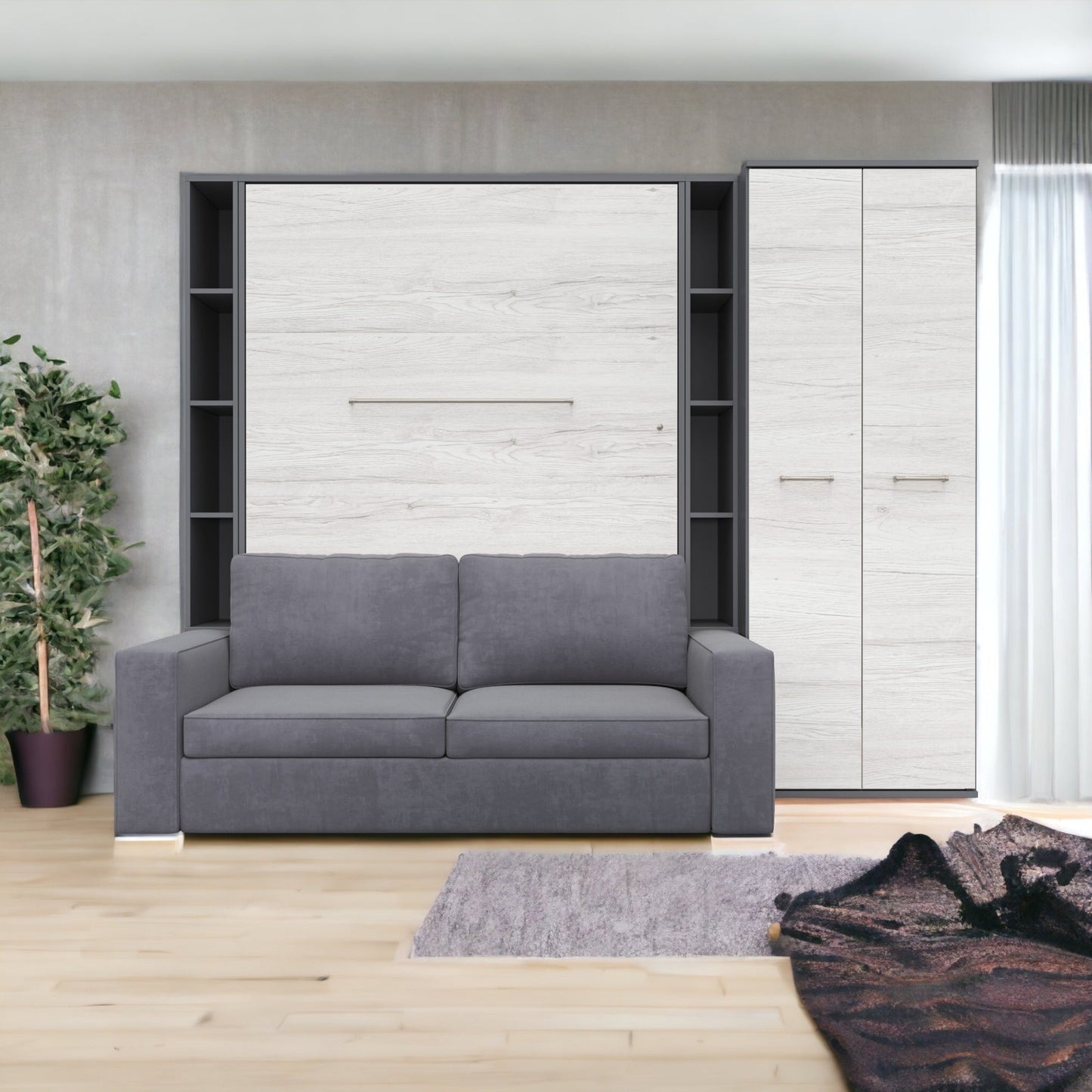 Maxima House Vertical European FULL size Murphy Bed Invento with a Sofa, two Shelves and Wardrobe
