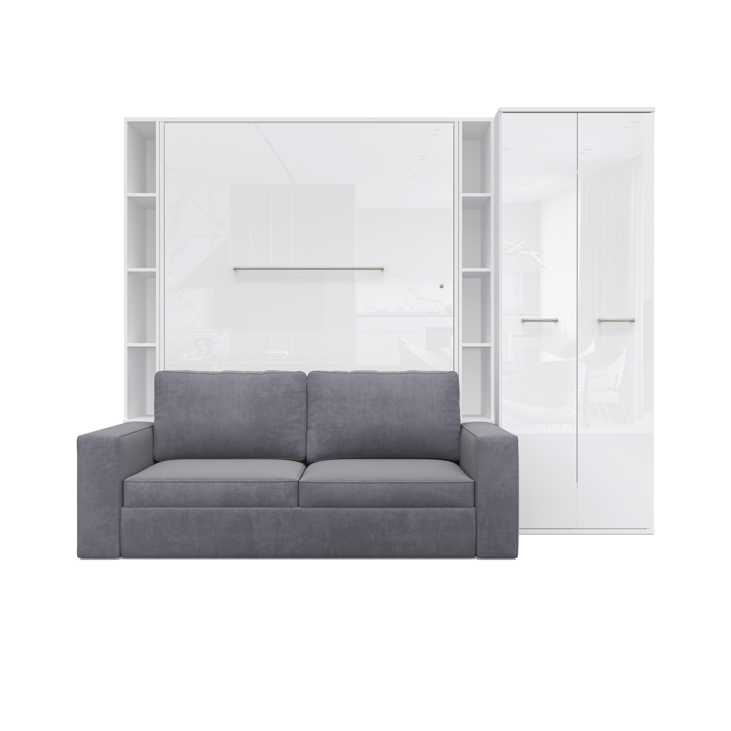 Maxima House Vertical European FULL size Murphy Bed Invento with a Sofa, two Shelves and Wardrobe