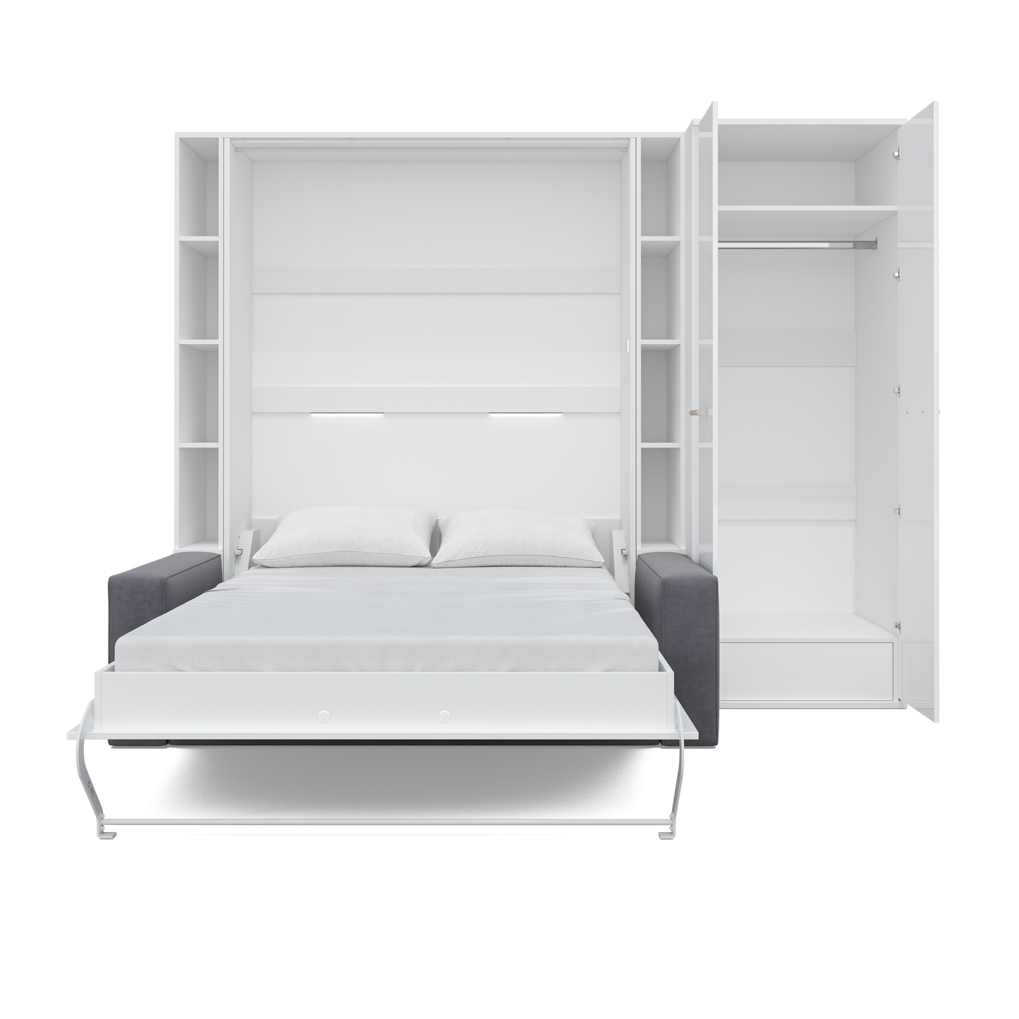 Maxima House Vertical European FULL size Murphy Bed Invento with a Sofa, two Shelves and Wardrobe