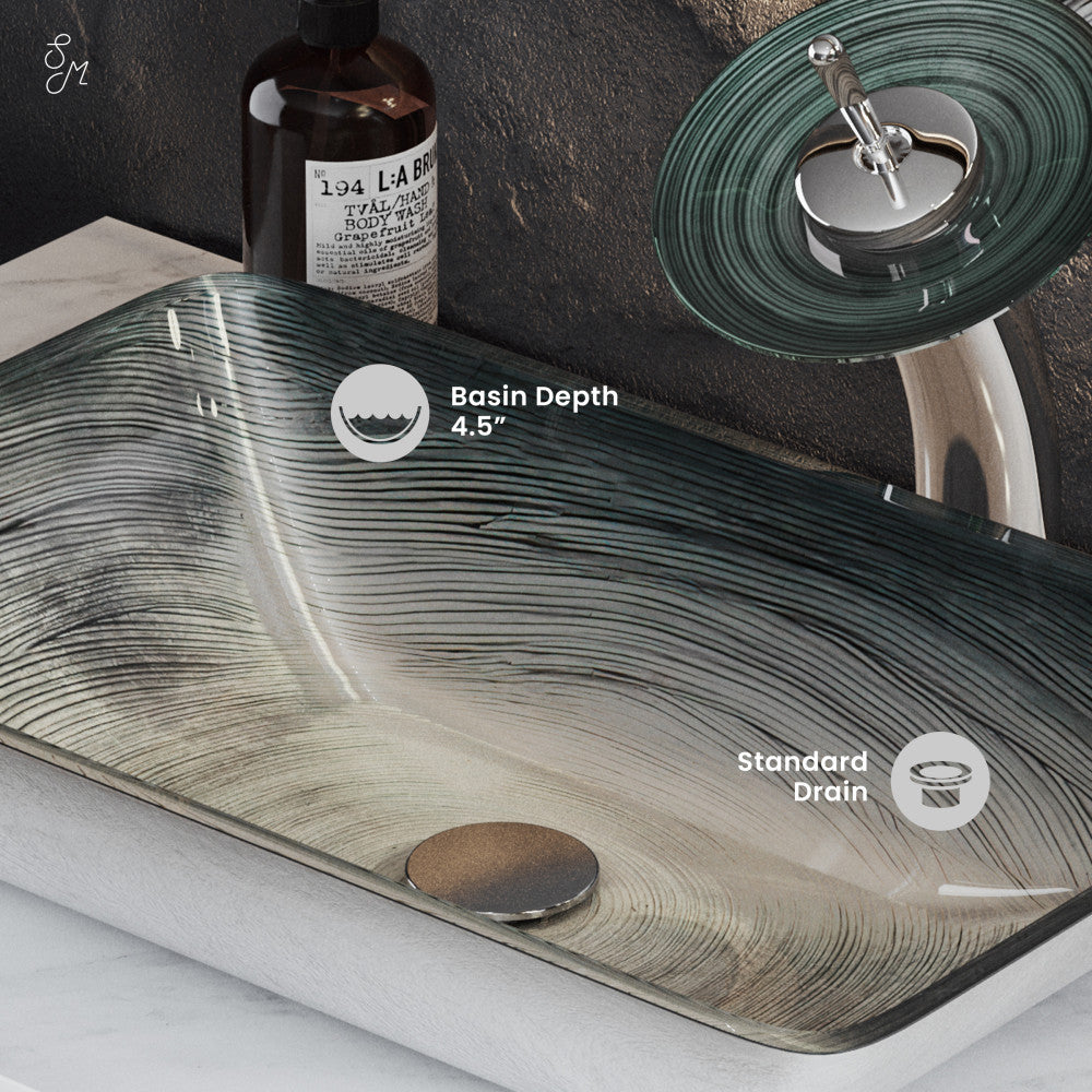 Swiss Madison Cascade Rectangular Glass Vessel Sink with Faucet, Smoky Grey