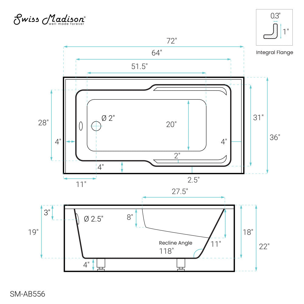Swiss Madison Voltaire 72" x 36" Left-Hand Drain Alcove Bathtub with Apron and Armrest