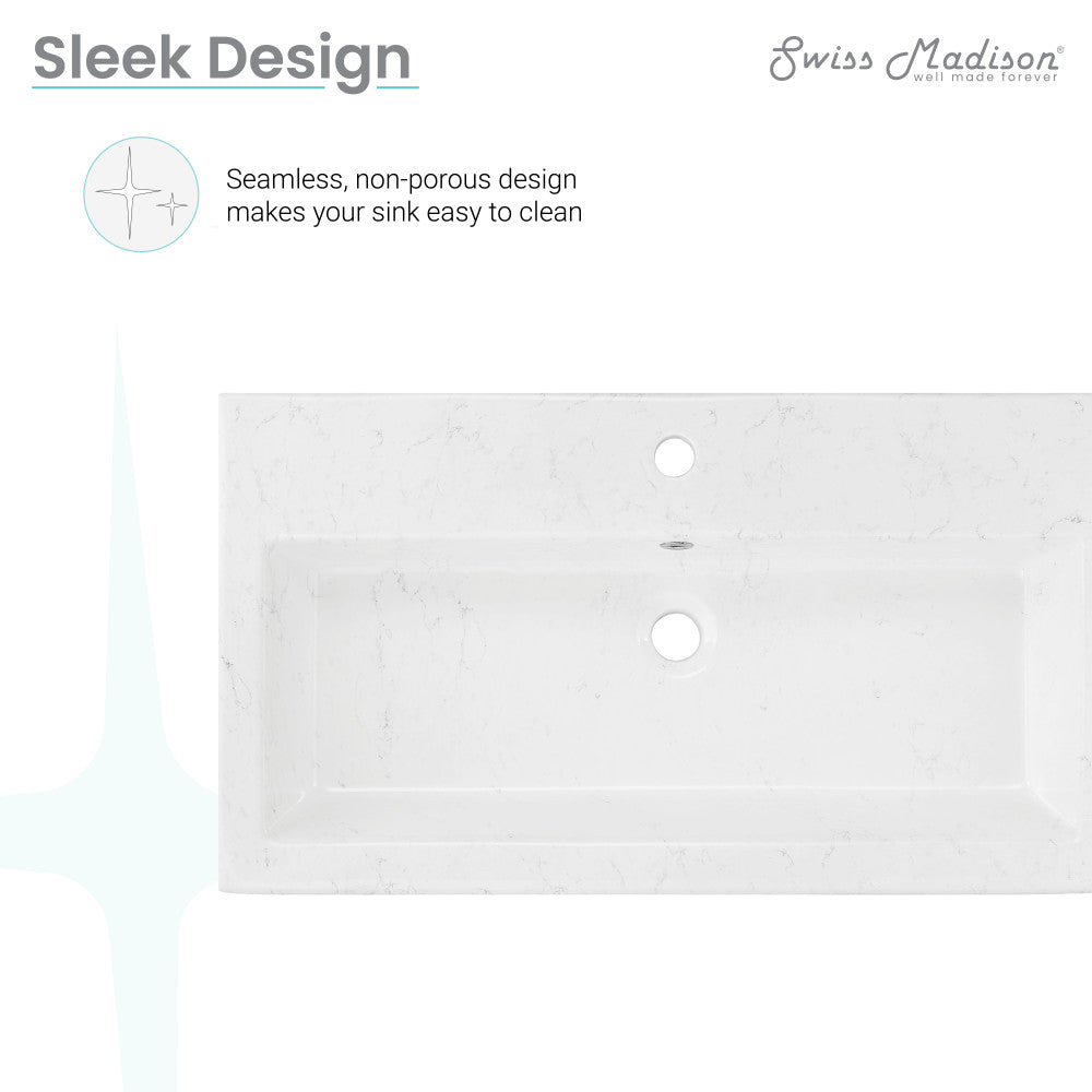Swiss Madison Voltaire Wide Rectangle Wall Hung Sink in Static Marble