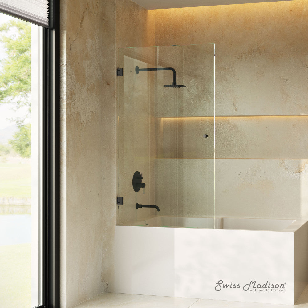 Swiss Madison Voltaire 24 x 58 Frameless Pivot 3/8 in. (10mm) Ultra Clear Tempered Glass Tub Door with Black Matte Hardware