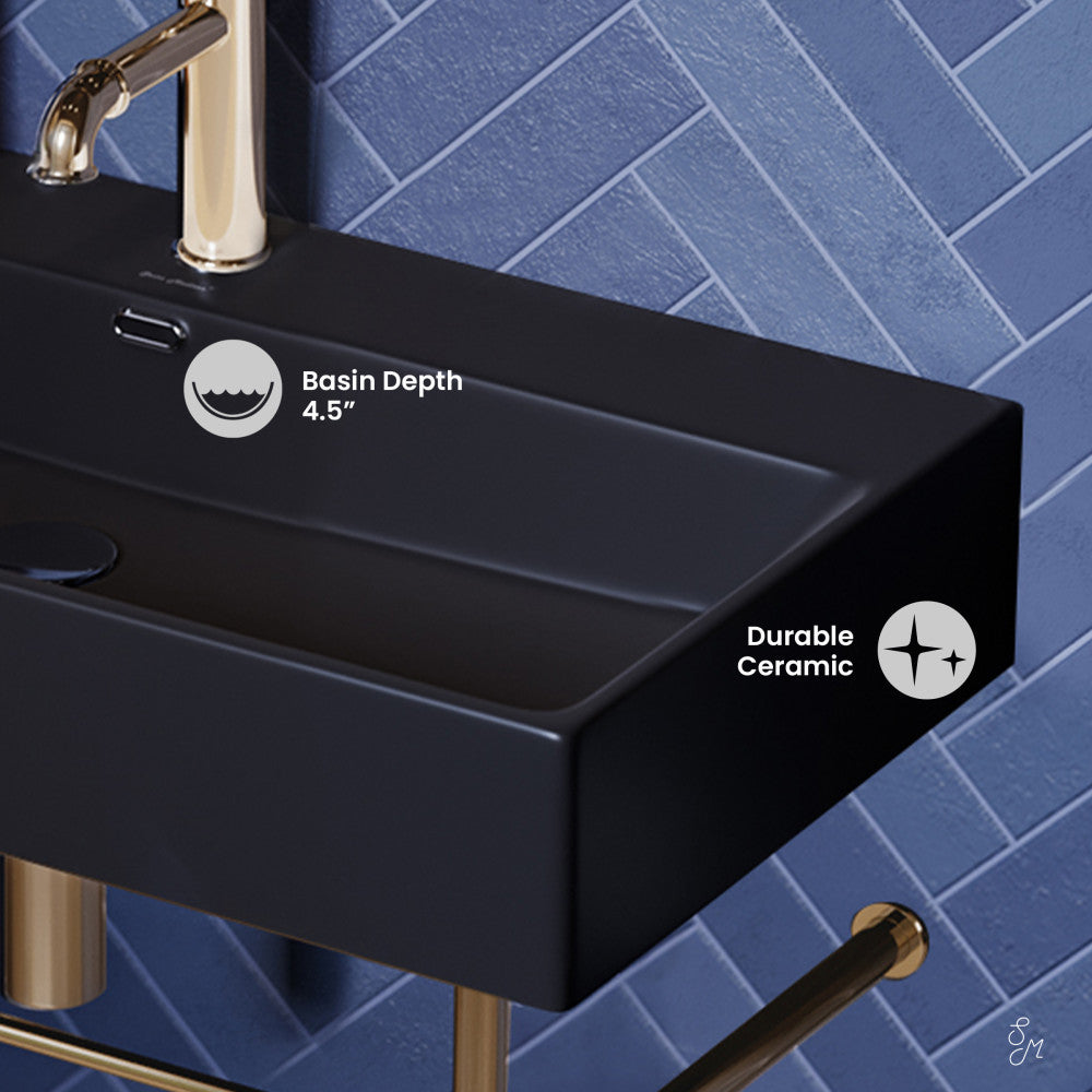 Swiss Madison Claire 30 Ceramic Console Sink Matte Black Basin Gold Legs