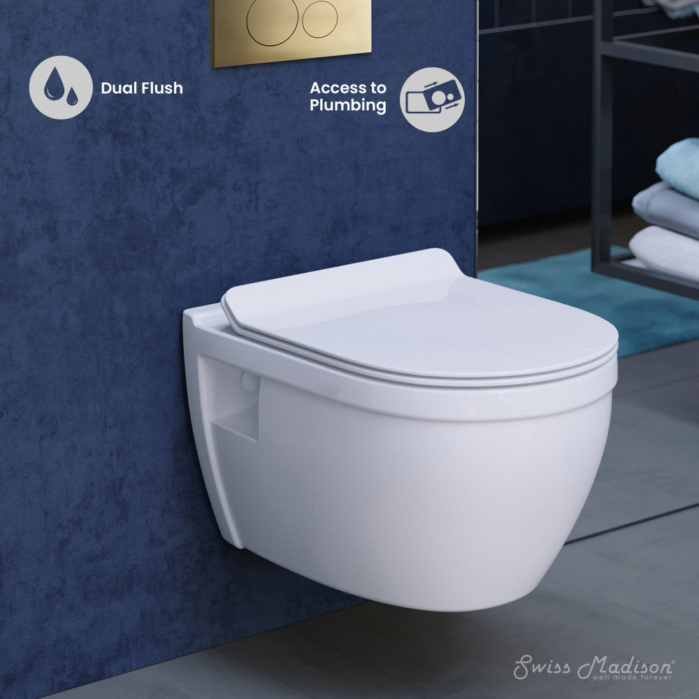 Swiss Madison Ivy Wall-Hung Toilet Bundle 0.8/1.6 GPF Dual Flush in Glossy White with Brass Flush Plate