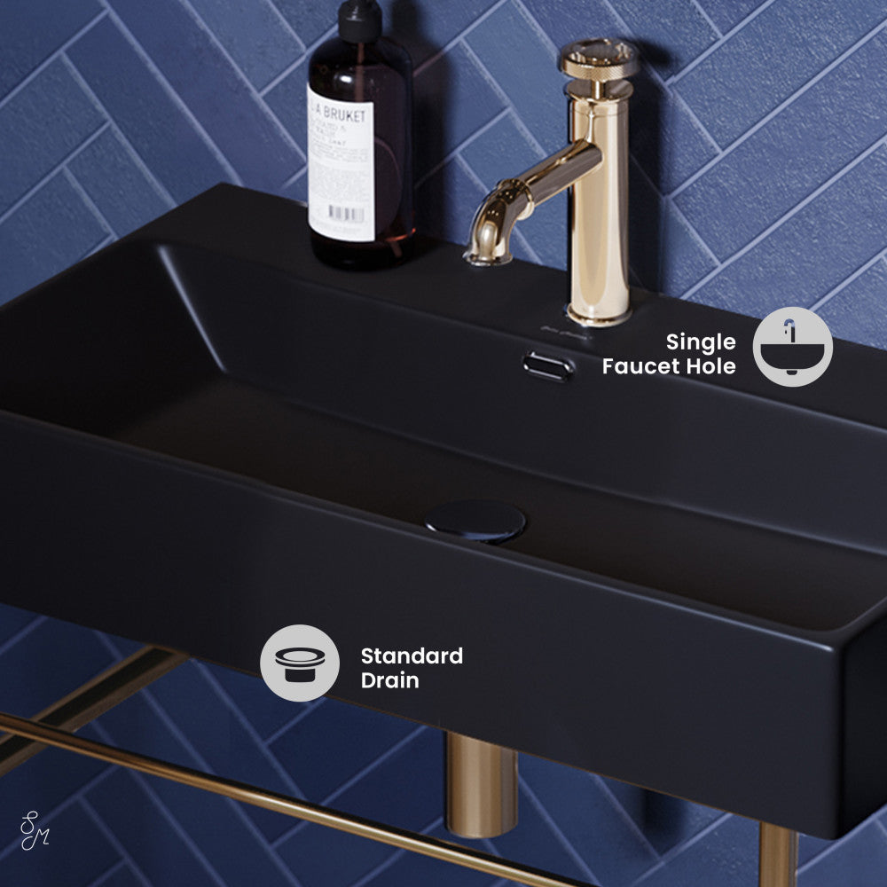 Swiss Madison Claire 30 Ceramic Console Sink Matte Black Basin Gold Legs