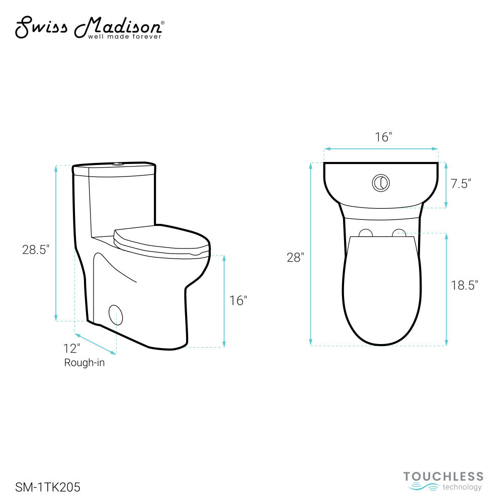 Swiss Madison Sublime One Piece Elongated Toilet with Touchless Retrofit Dual Flush 1.1/1.6 gpf
