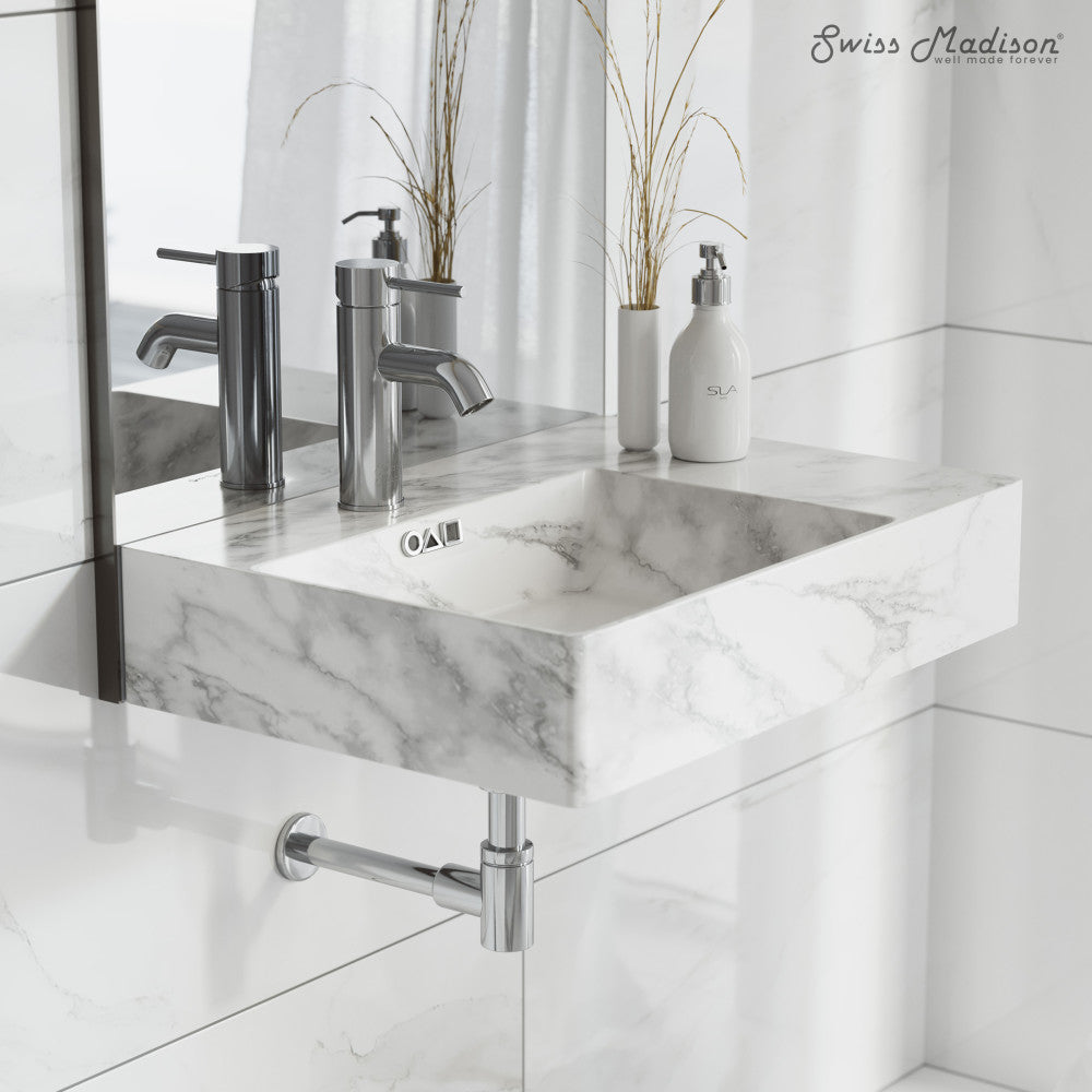 Swiss Madison St. Tropez 24" Left Side Faucet Wall-Mount Bathroom Sink in White Marble