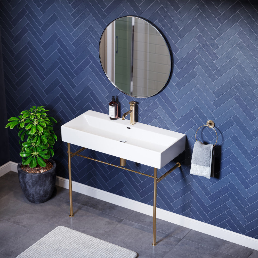 Swiss Madison Claire 40 Ceramic Console Sink White Basin Gold Legs