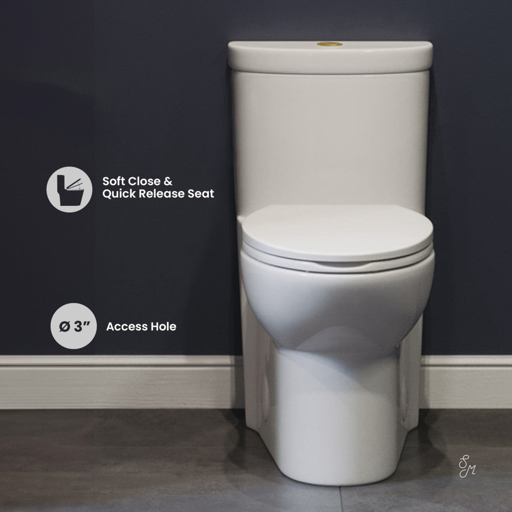 Swiss Madison Sublime One Piece Elongated Toilet Dual Flush, Brushed Gold Hardware 1.1/1.6 gpf