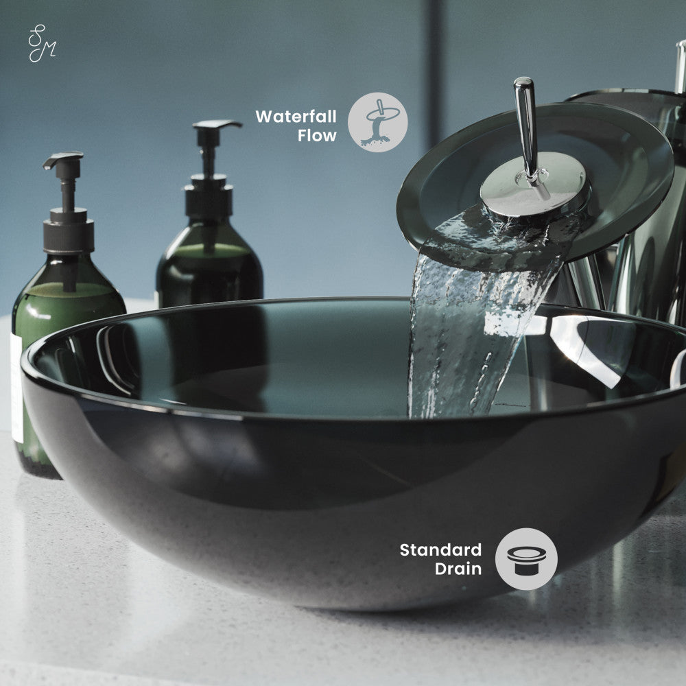 Swiss Madison Cascade 16.5 Color Glass Vessel Sink with Faucet, Black
