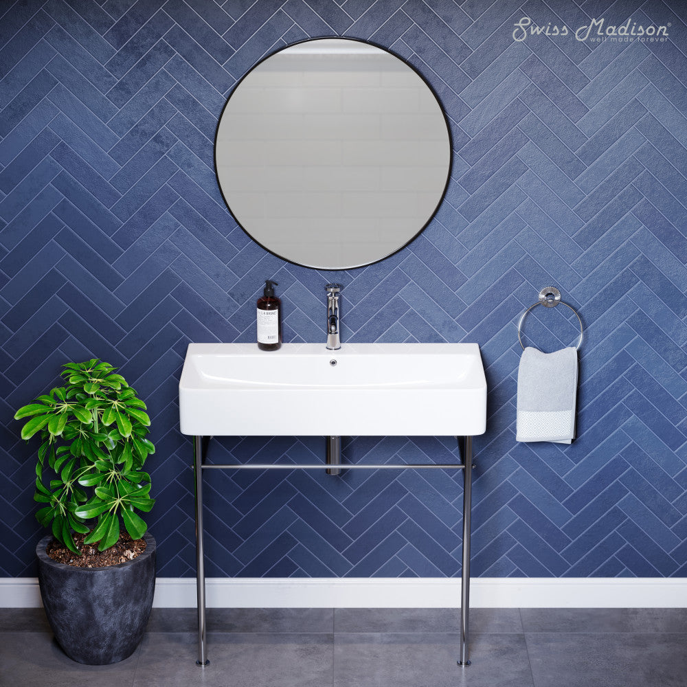 Swiss Madison Carre 36 Ceramic Console Sink White Basin Chrome Legs