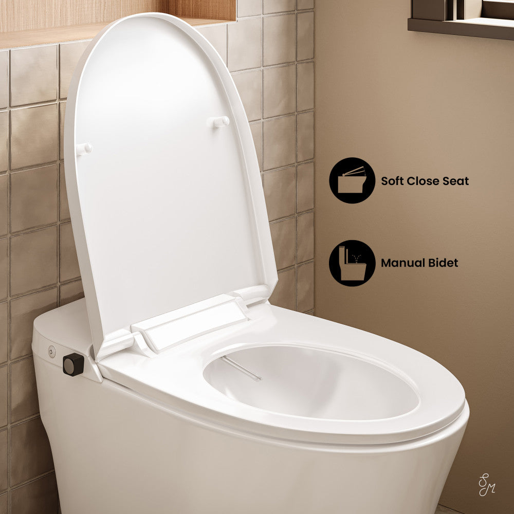 Swiss Madison Hugo H Power Flush Tankless Toilet 12" Rough-in 1.1 GPF Non-Electric ADA Toilet with Integrated Tank and Manual Bidet in Glossy White