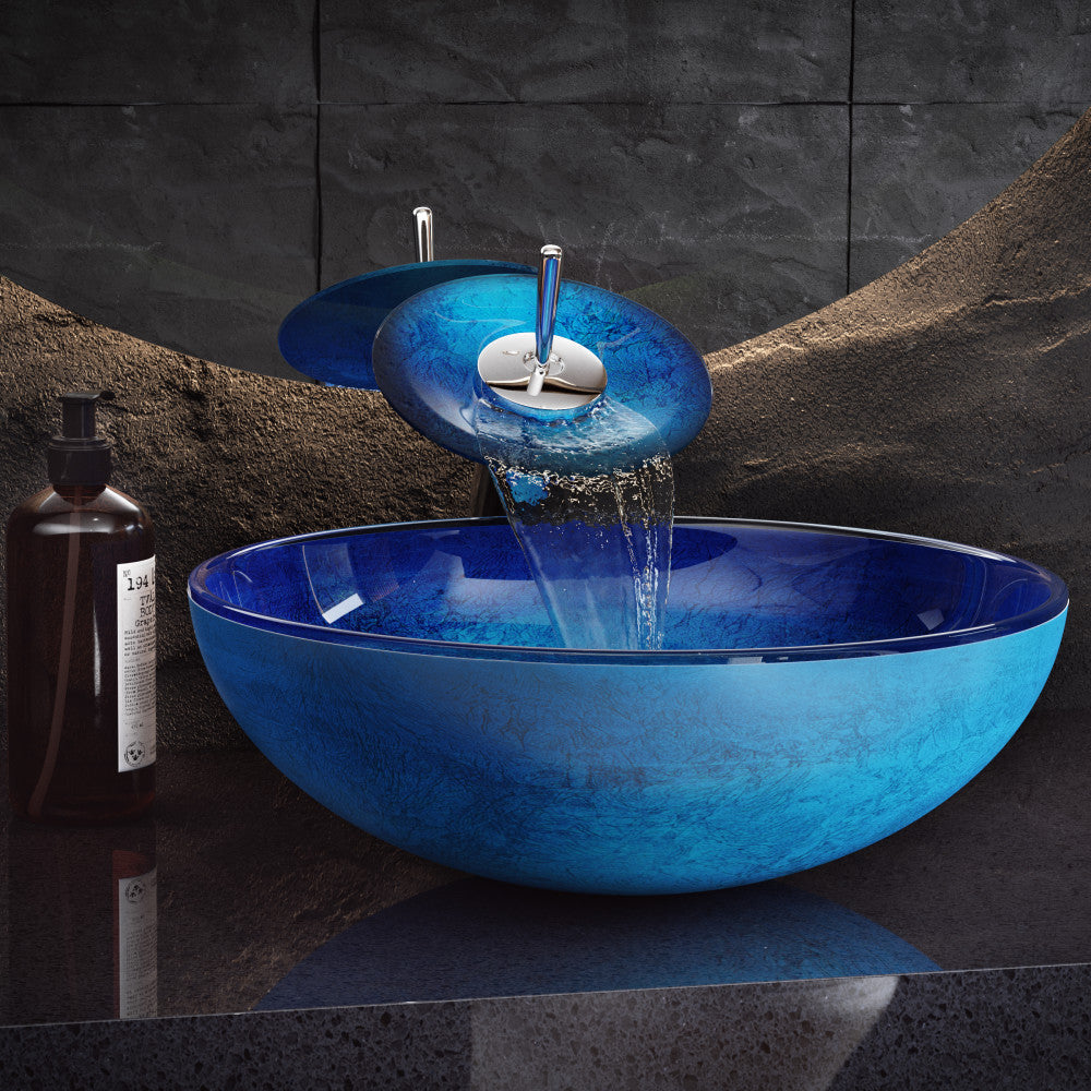 Swiss Madison Cascade 16.5 Glass Vessel Sink with Faucet, Ocean Blue