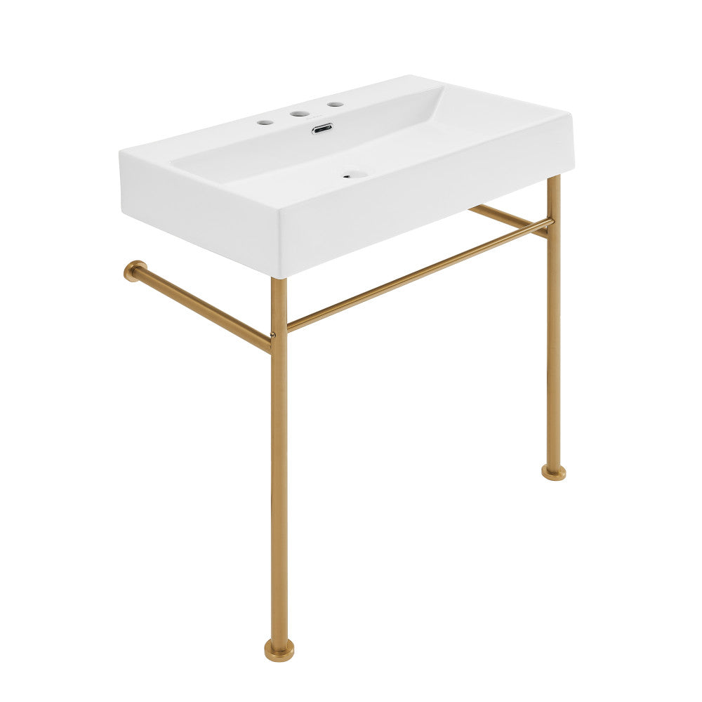 Swiss Madison Claire 30" Console Sink White Basin Brushed Gold Legs with 8" Widespread Holes