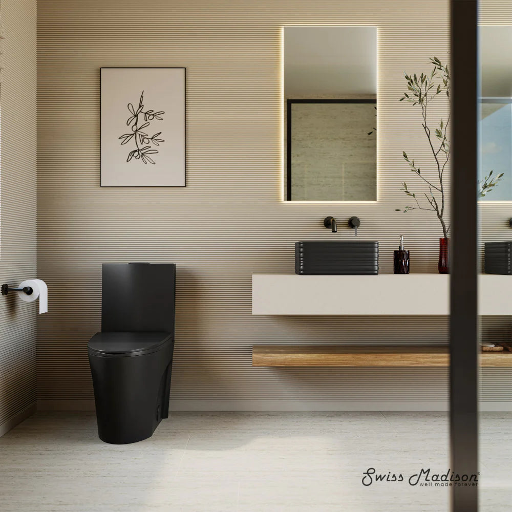 Swiss Madison St. Tropez One Piece Elongated Toilet Dual Vortex™ Flush in Matte Black, Black Hardware 1.1/1.6 gpf