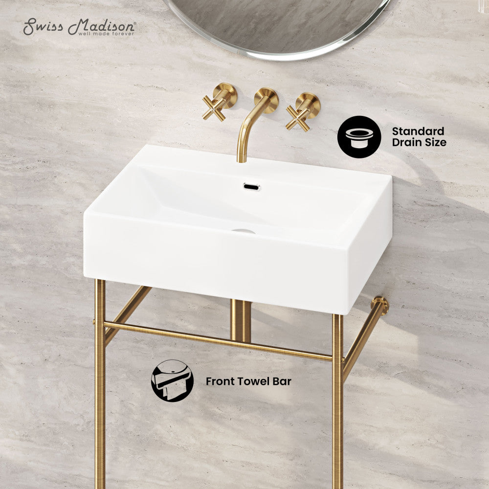 Swiss Madison Claire 24" Rectangle Zero Hole Console Sink with Brushed Gold Legs