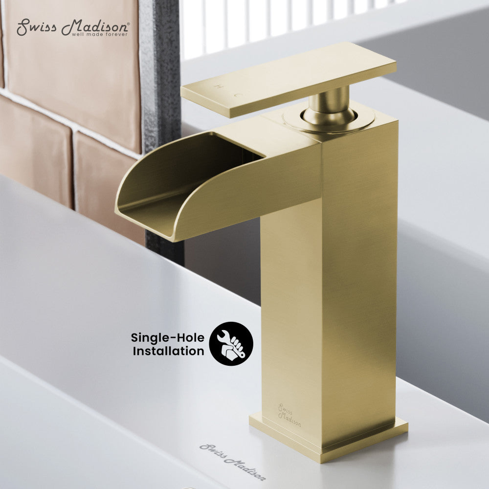 Swiss Madison Concorde Single Hole, Single-Handle, Waterfall Bathroom Faucet in Brushed Gold