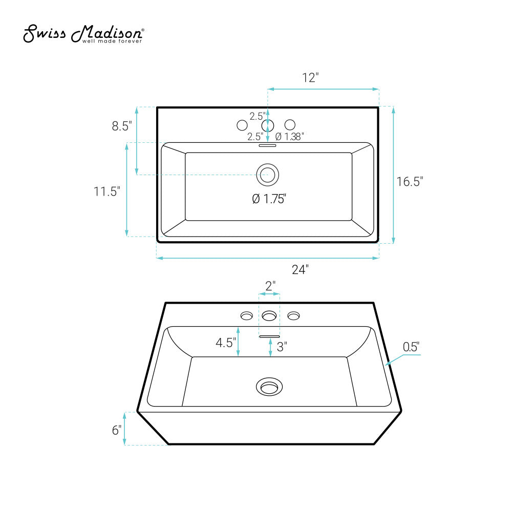 Swiss Madison Claire 24" Rectangle Wall-Mount Bathroom Sink with 8" Widespread Holes