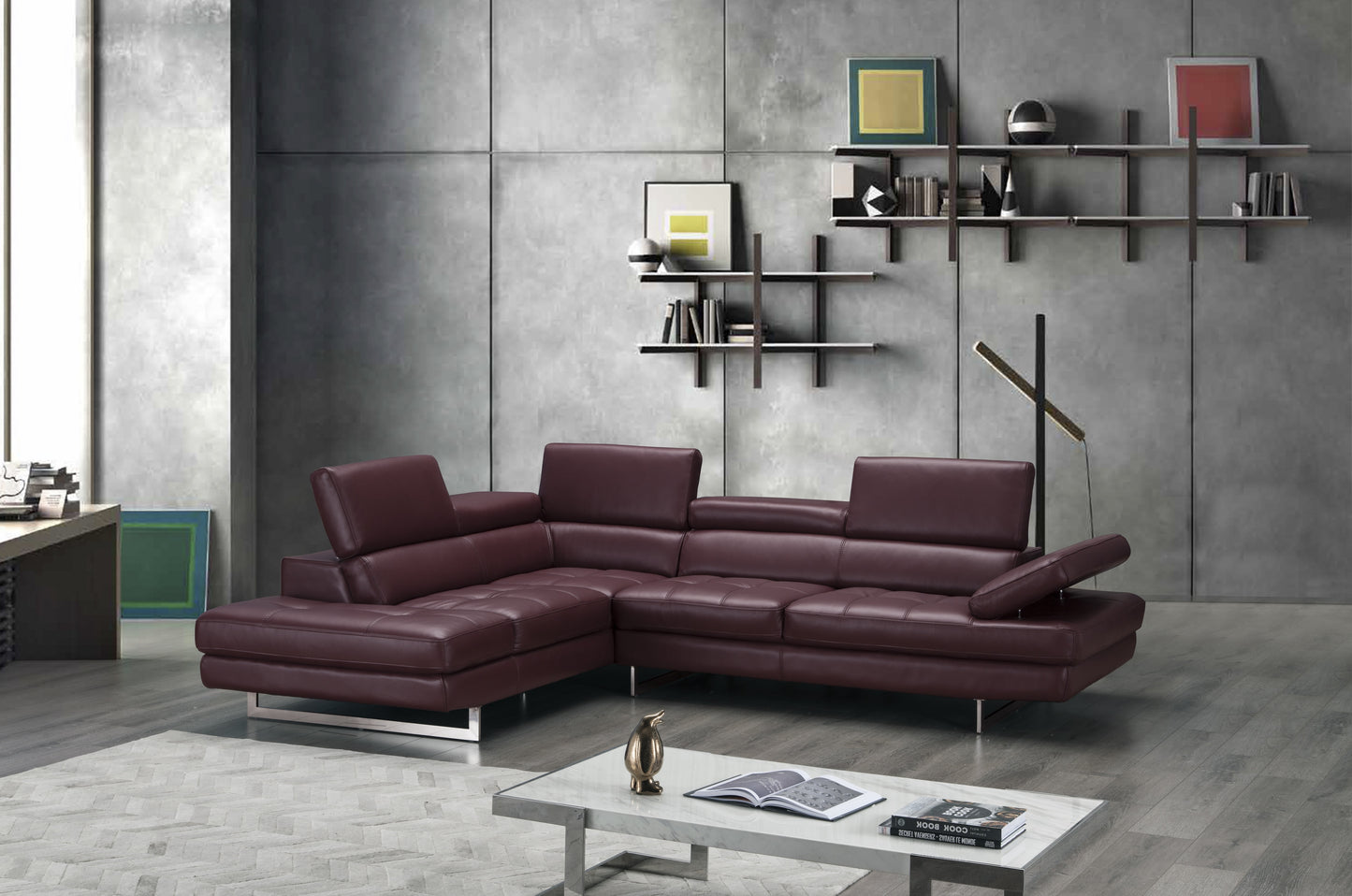 J&M Furniture A761 Italian Leather Sectional Maroon In Left Hand Facing