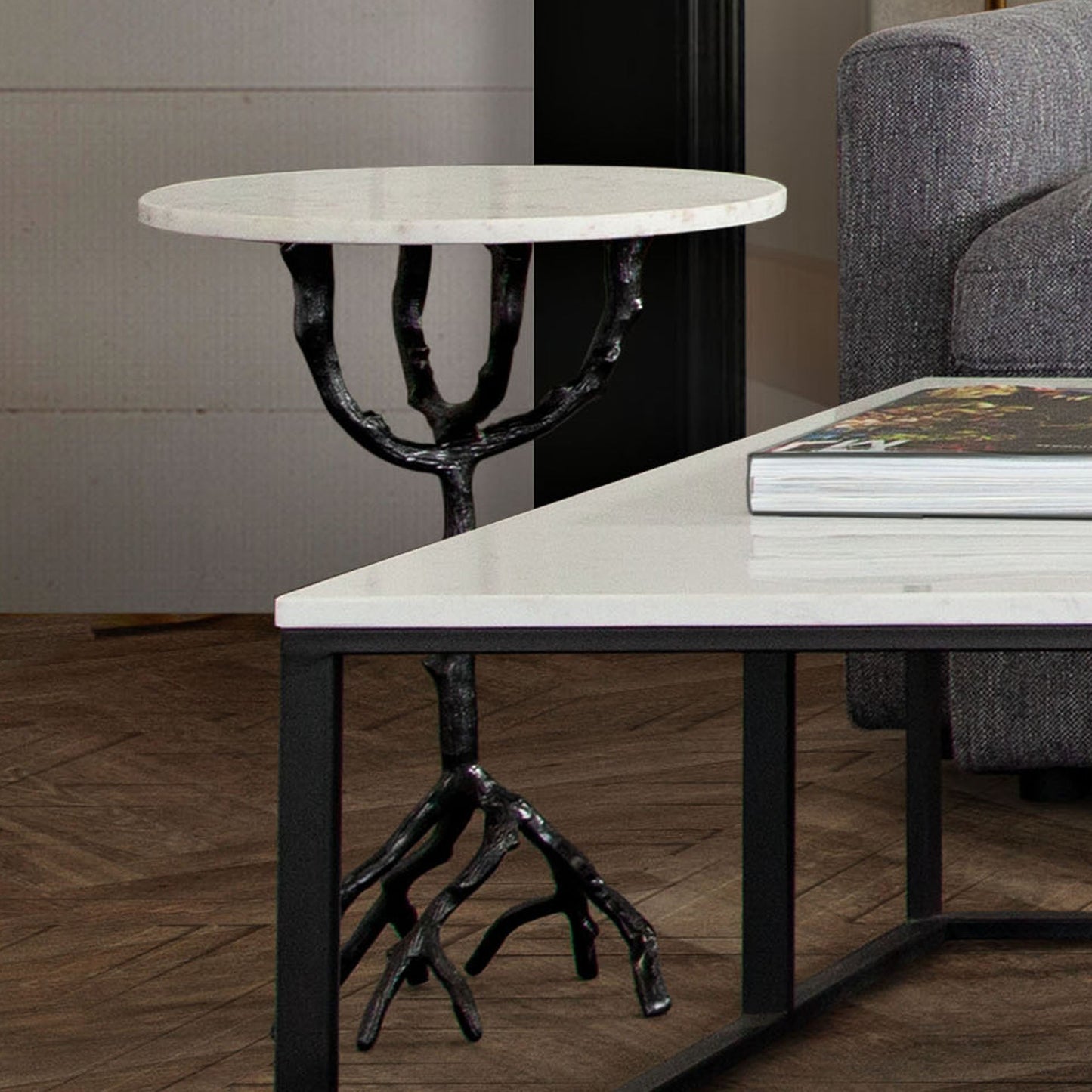 Birch Round Accent Table w/ Black Casted Aluminum Base & White Marble Top by Diamond Sofa