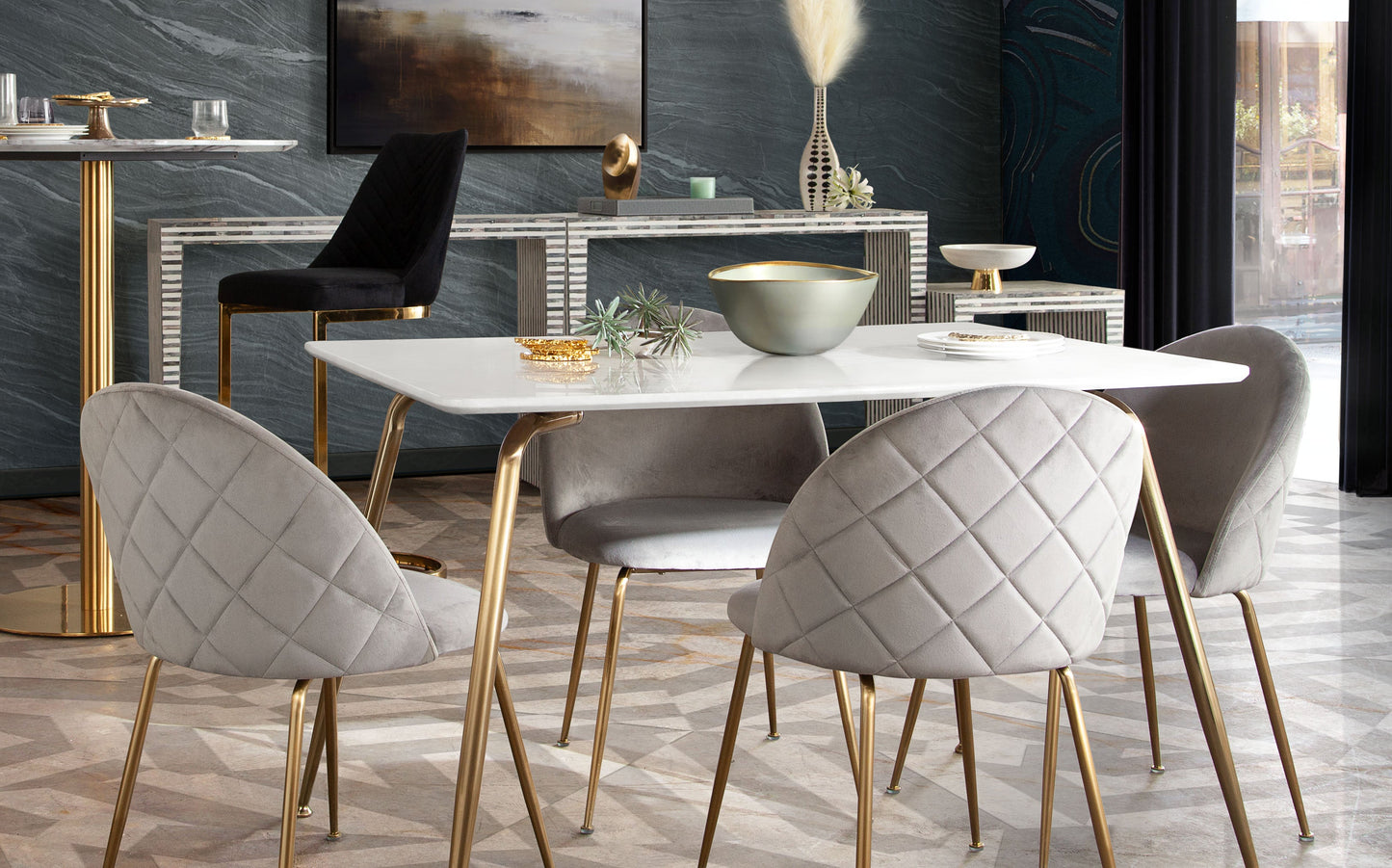 Chance White Lacquer Top Rectangular Dining Table w/ Brushed Gold Metal Legs by Diamond Sofa