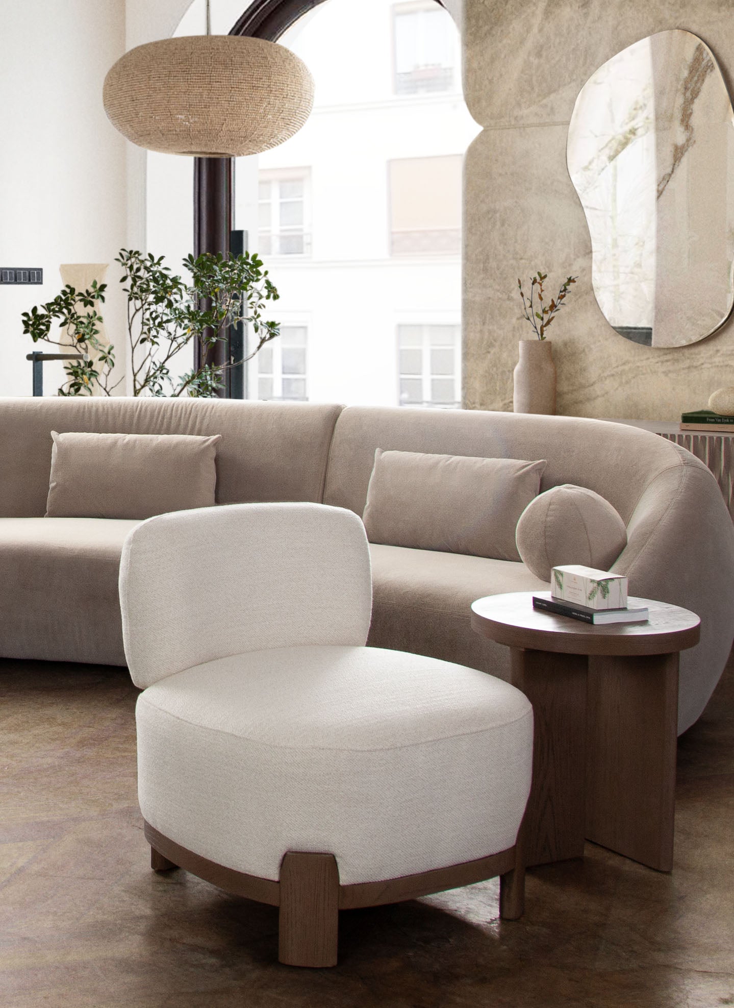 Dove Armless Accent Chair in Cream Polyester Fabric with Wood Trim by Diamond Sofa