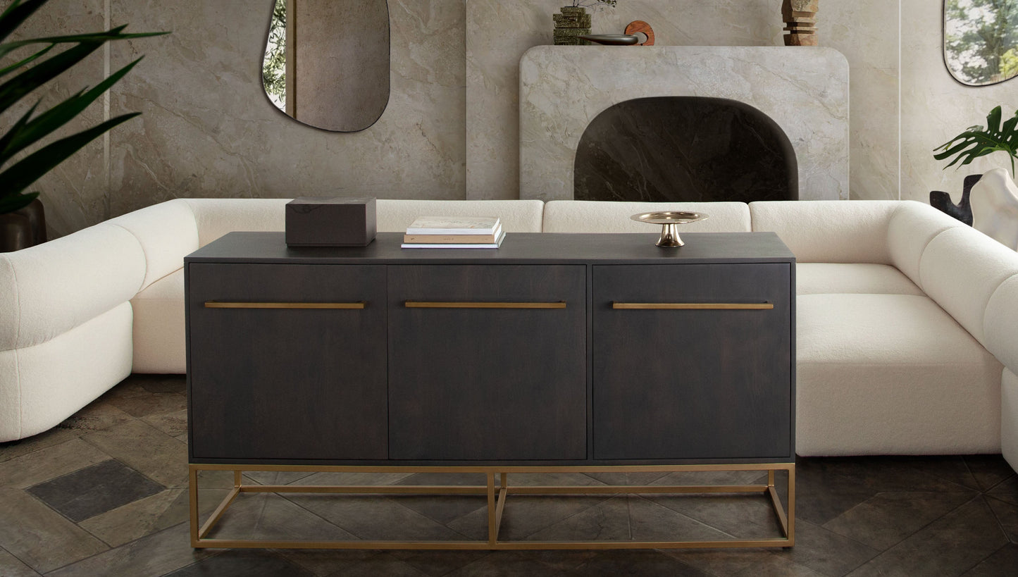 Encore Solid Mango Wood 3-Door Sideboard in Grey Oak Finish w/ Gold Metal Handle & Base by Diamond Sofa