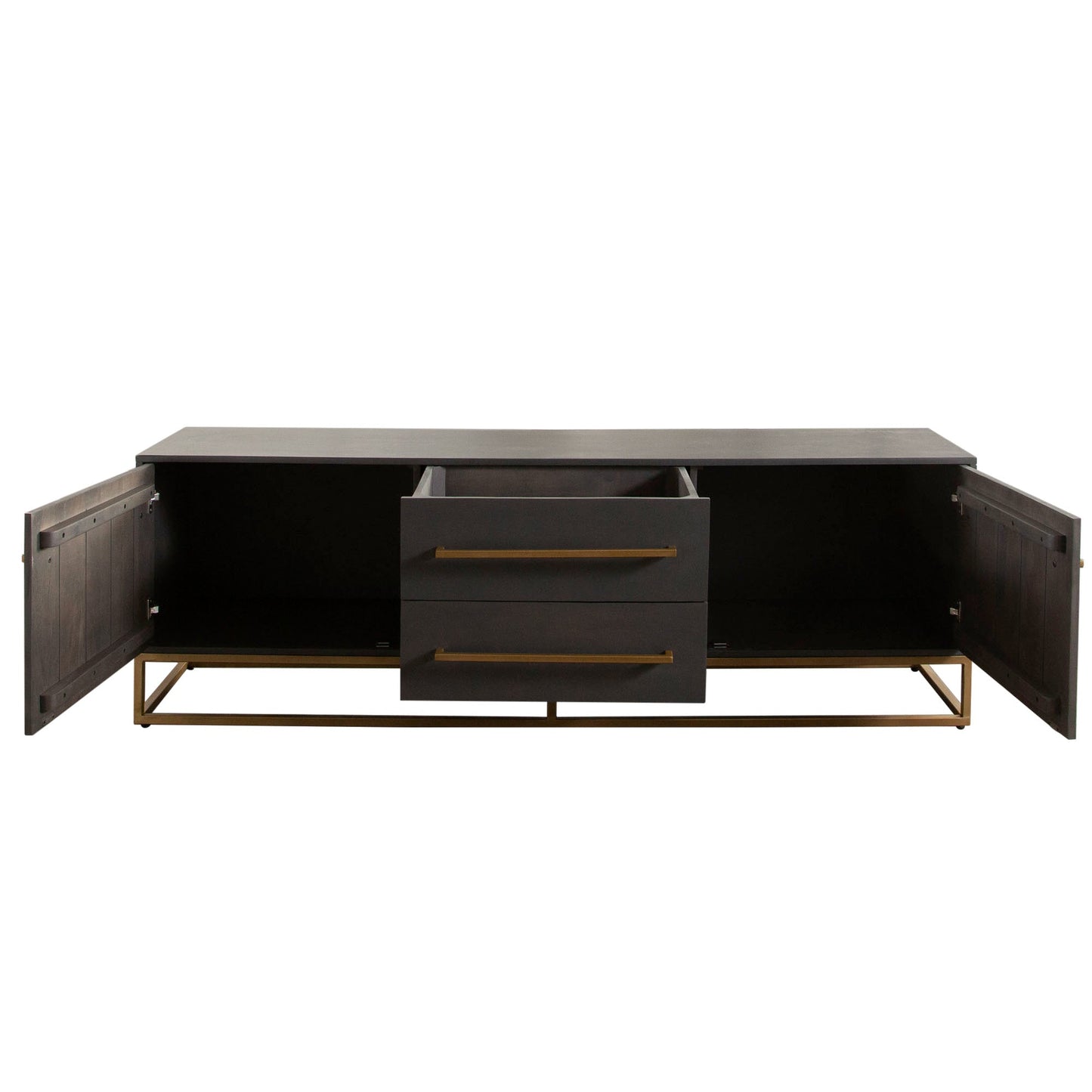 Encore Solid Mango Wood 2-Door / 2-Drawer Entertainment Cabinet in Grey Oak Finish w/ Gold Metal Handle & Base by Diamond Sofa