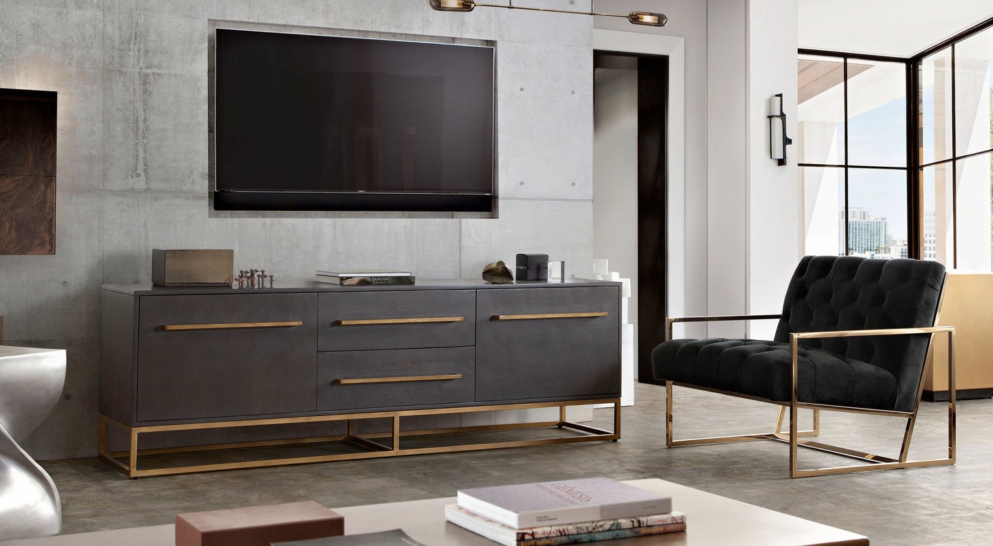 Encore Solid Mango Wood 2-Door / 2-Drawer Entertainment Cabinet in Grey Oak Finish w/ Gold Metal Handle & Base by Diamond Sofa