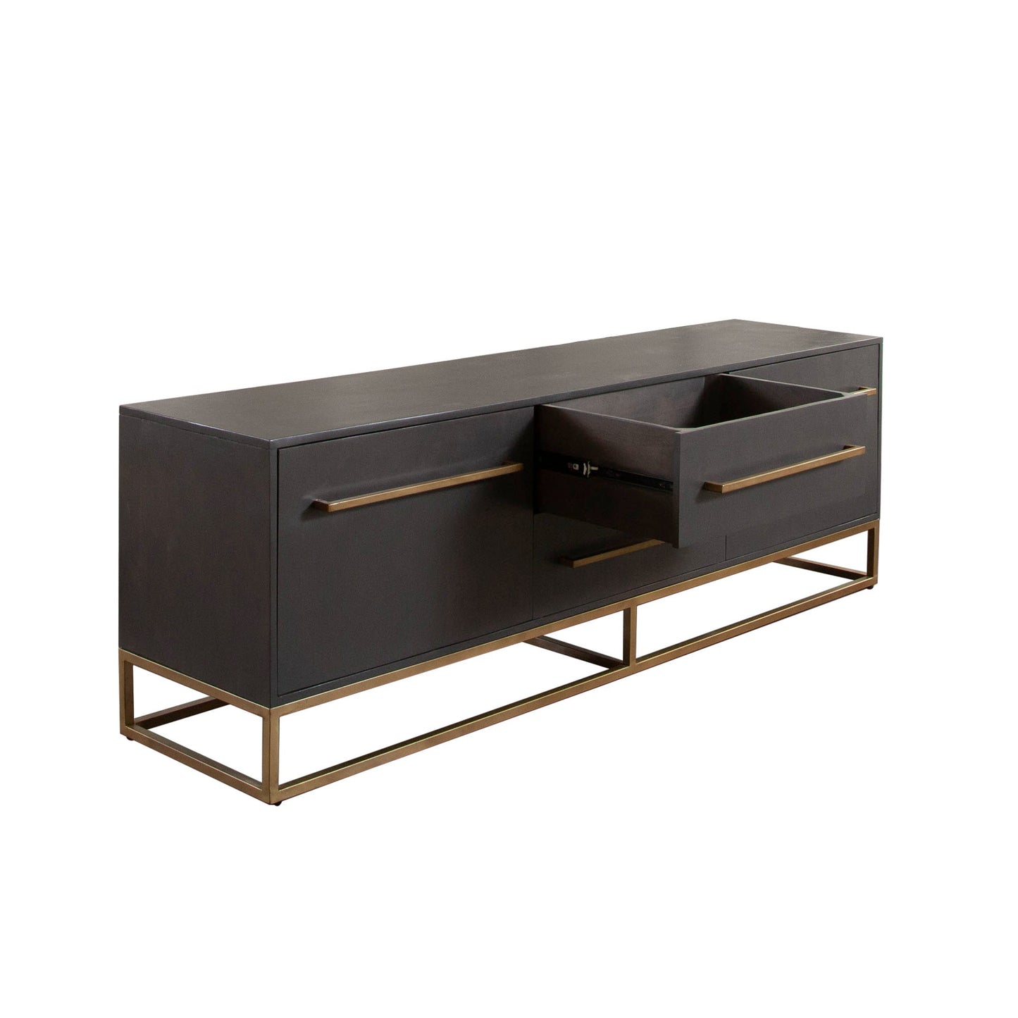 Encore Solid Mango Wood 2-Door / 2-Drawer Entertainment Cabinet in Grey Oak Finish w/ Gold Metal Handle & Base by Diamond Sofa