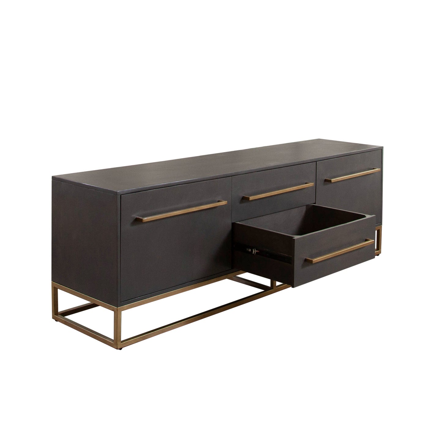 Encore Solid Mango Wood 2-Door / 2-Drawer Entertainment Cabinet in Grey Oak Finish w/ Gold Metal Handle & Base by Diamond Sofa