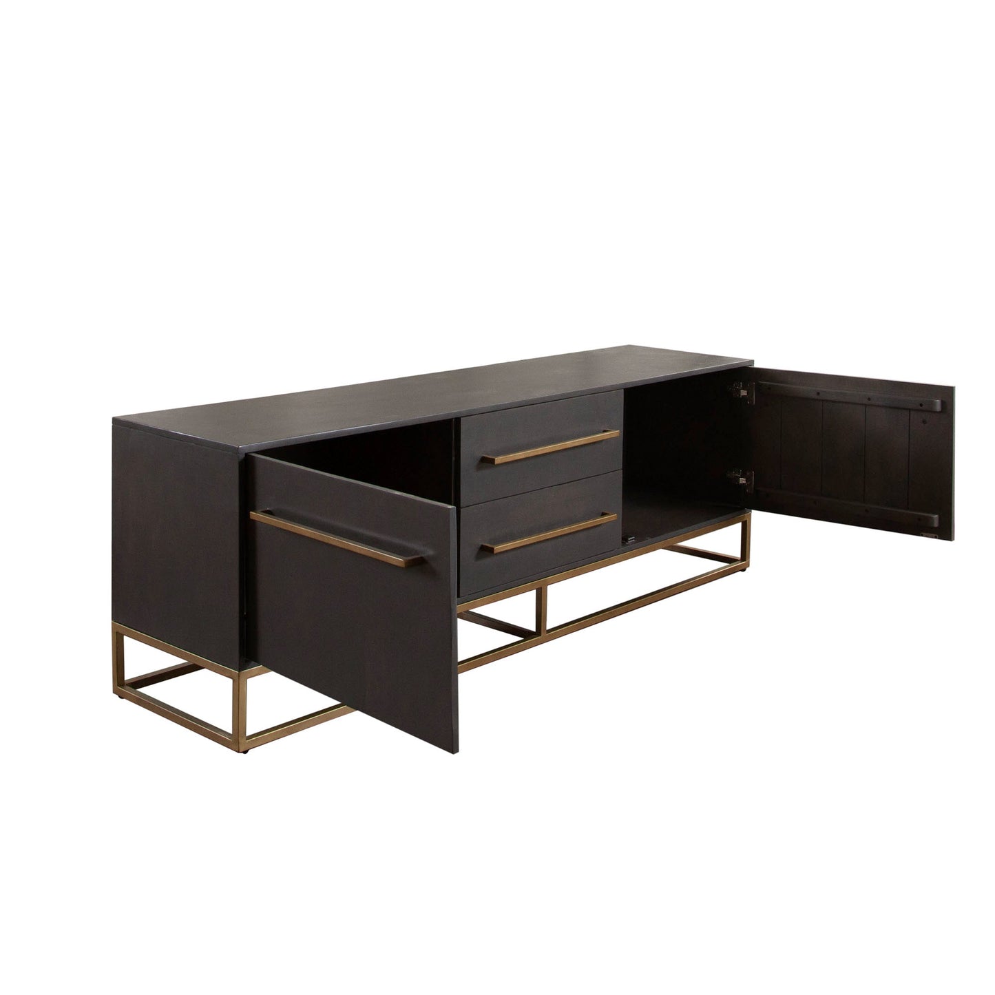 Encore Solid Mango Wood 2-Door / 2-Drawer Entertainment Cabinet in Grey Oak Finish w/ Gold Metal Handle & Base by Diamond Sofa
