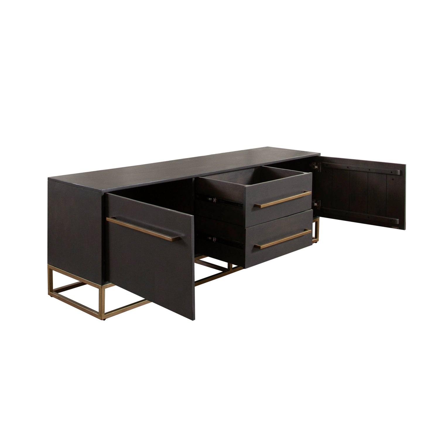 Encore Solid Mango Wood 2-Door / 2-Drawer Entertainment Cabinet in Grey Oak Finish w/ Gold Metal Handle & Base by Diamond Sofa