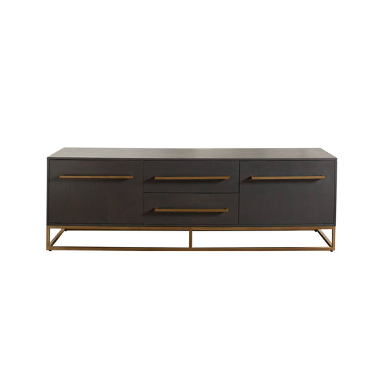 Encore Solid Mango Wood 2-Door / 2-Drawer Entertainment Cabinet in Grey Oak Finish w/ Gold Metal Handle & Base by Diamond Sofa