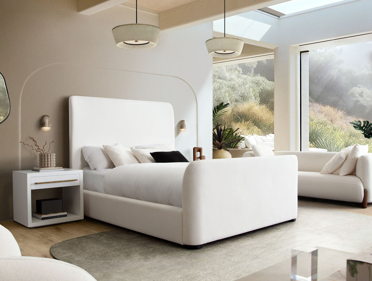 Eve Eastern King Bed in Elite Ivory Fabric w/ Contoured Headboard & Footboard by Diamond Sofa