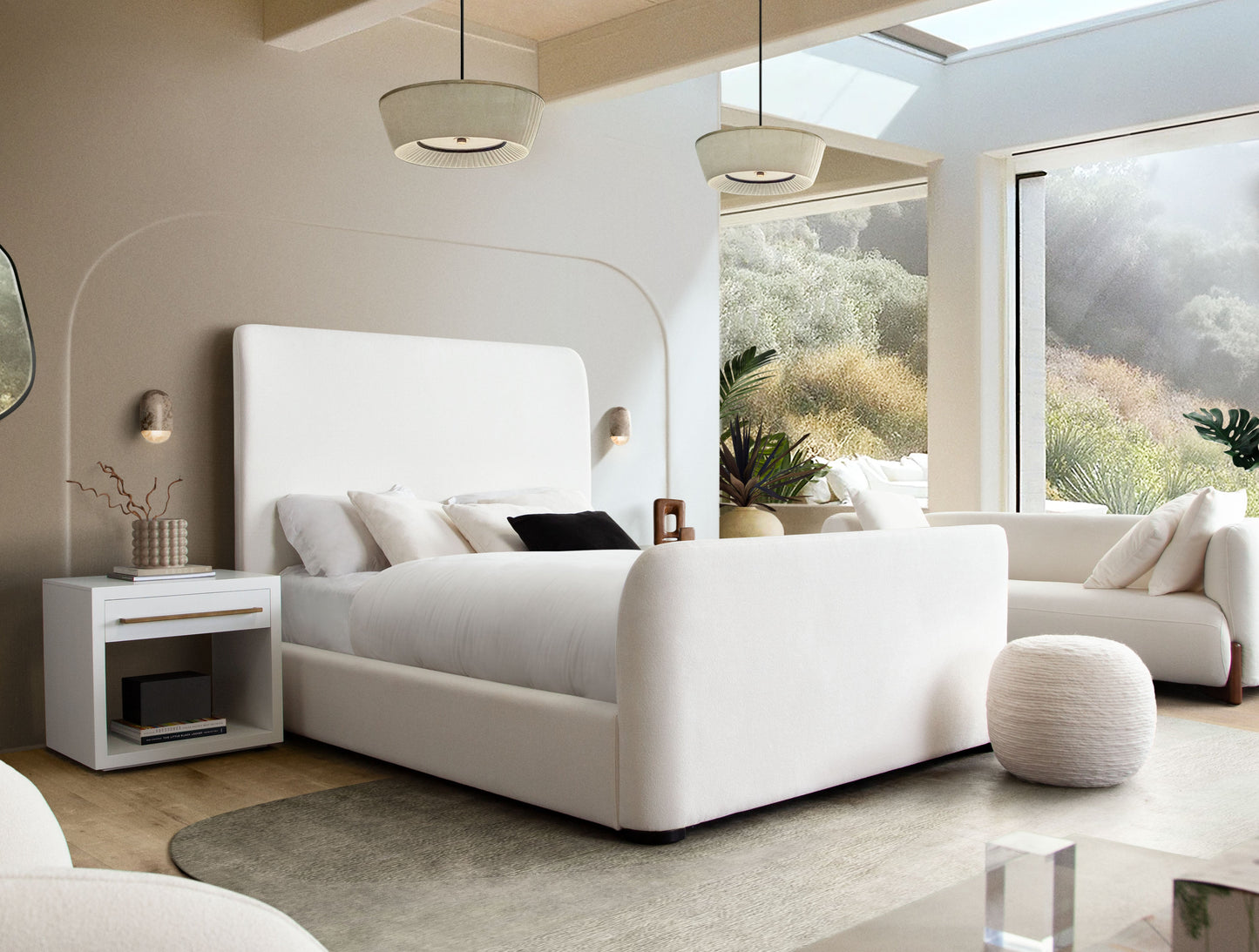 Eve Eastern King Bed in Elite Ivory Fabric w/ Contoured Headboard & Footboard by Diamond Sofa