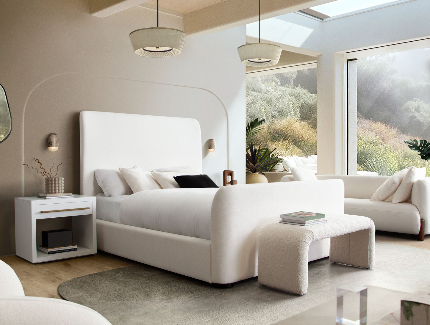 Eve Eastern King Bed in Elite Ivory Fabric w/ Contoured Headboard & Footboard by Diamond Sofa