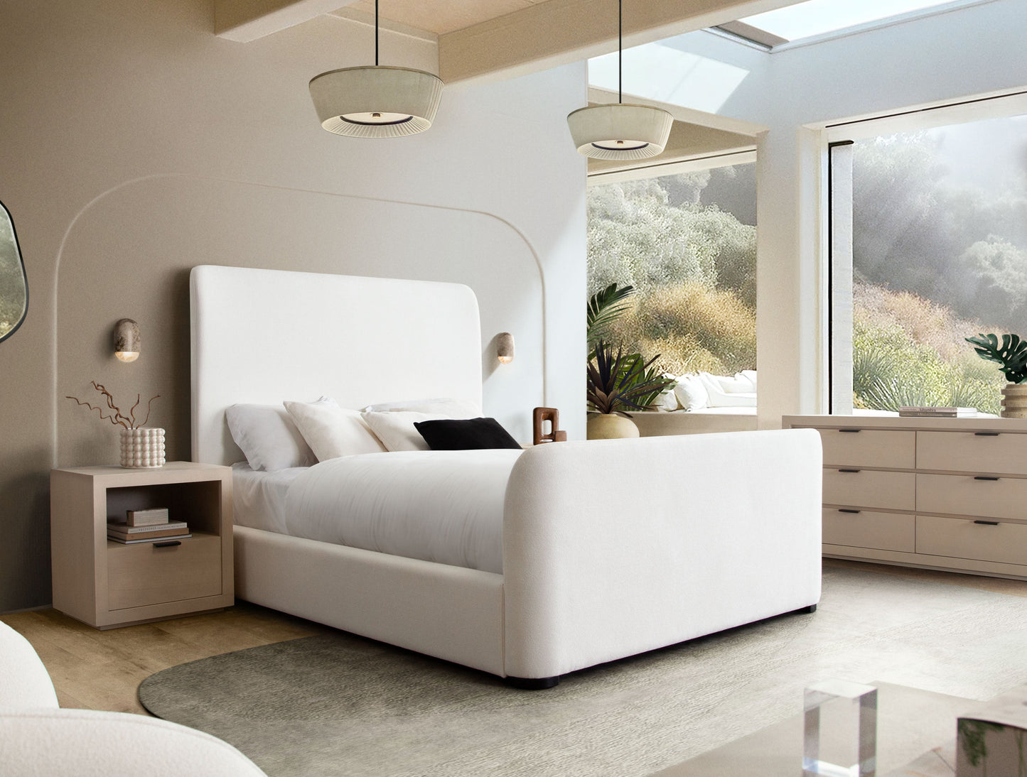 Eve Eastern King Bed in Elite Ivory Fabric w/ Contoured Headboard & Footboard by Diamond Sofa