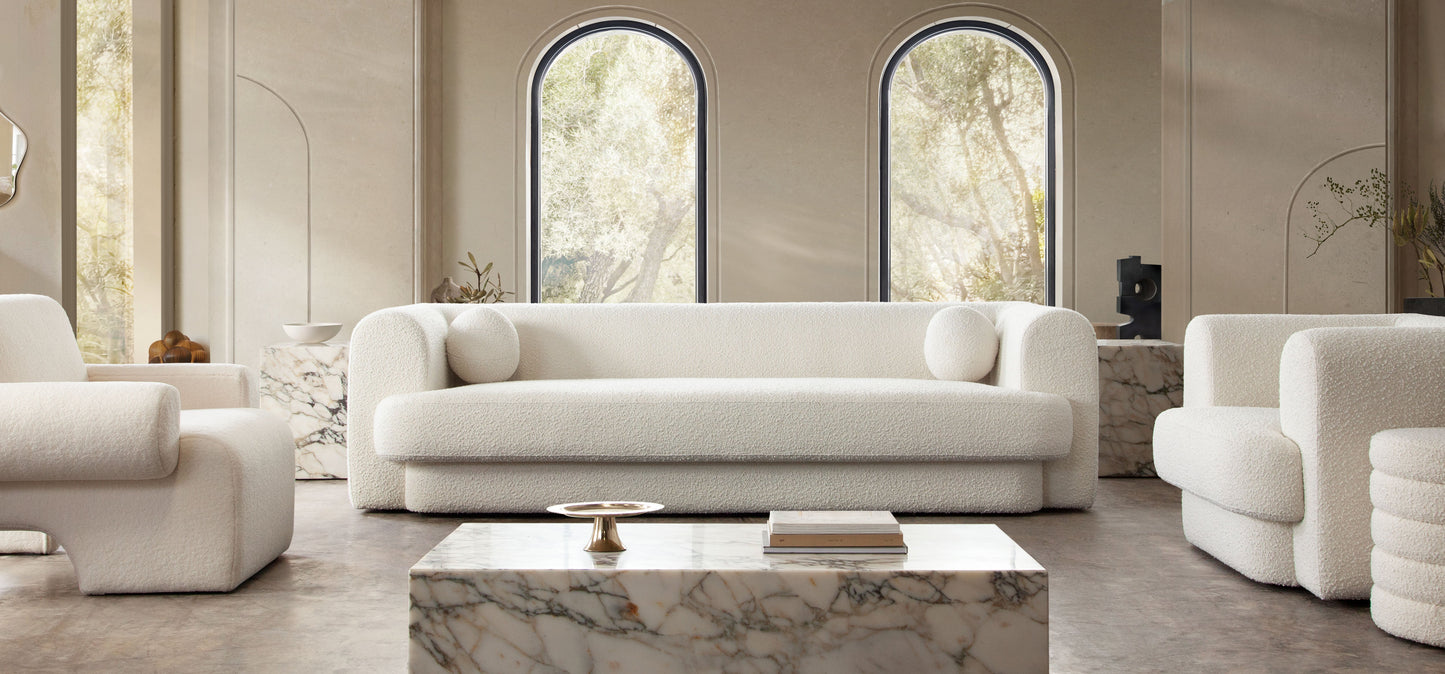 Form Sofa in Ivory Boucle Fabric w/ (2) Accent Pillow Balls by Diamond Sofa