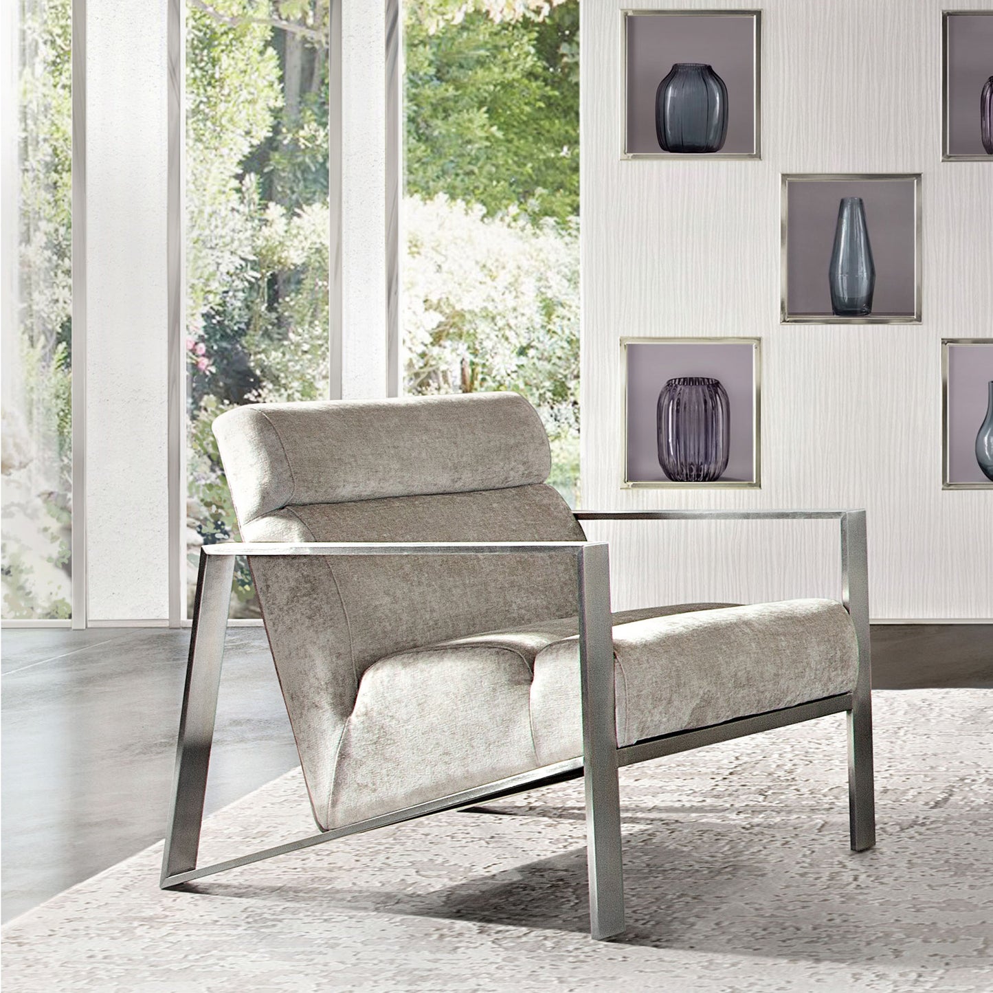 La Brea Accent Chair in Champagne Fabric with Brushed Stainless Steel Frame by Diamond Sofa