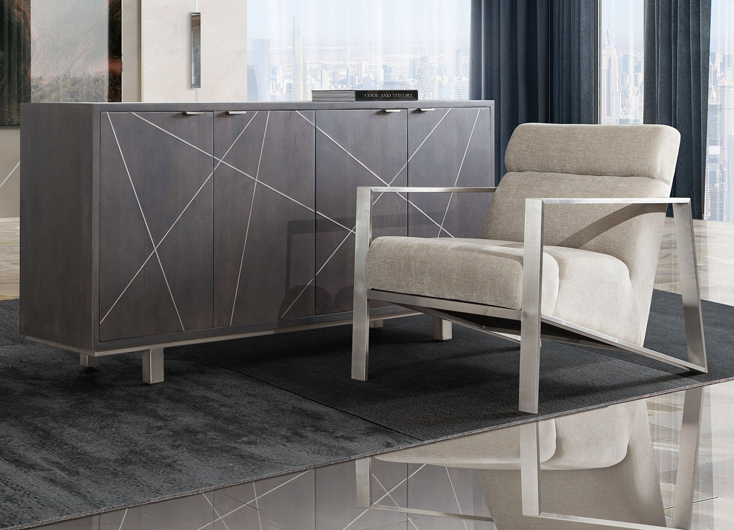 La Brea Accent Chair in Champagne Fabric with Brushed Stainless Steel Frame by Diamond Sofa