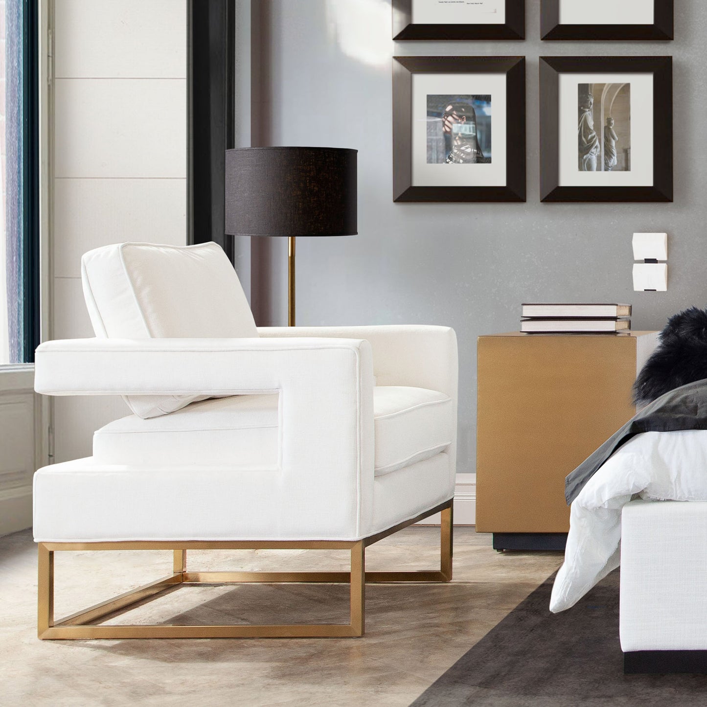 Lake Accent Chair in White Performance Fabric w/ Brushed Gold Metal Base by Diamond Sofa