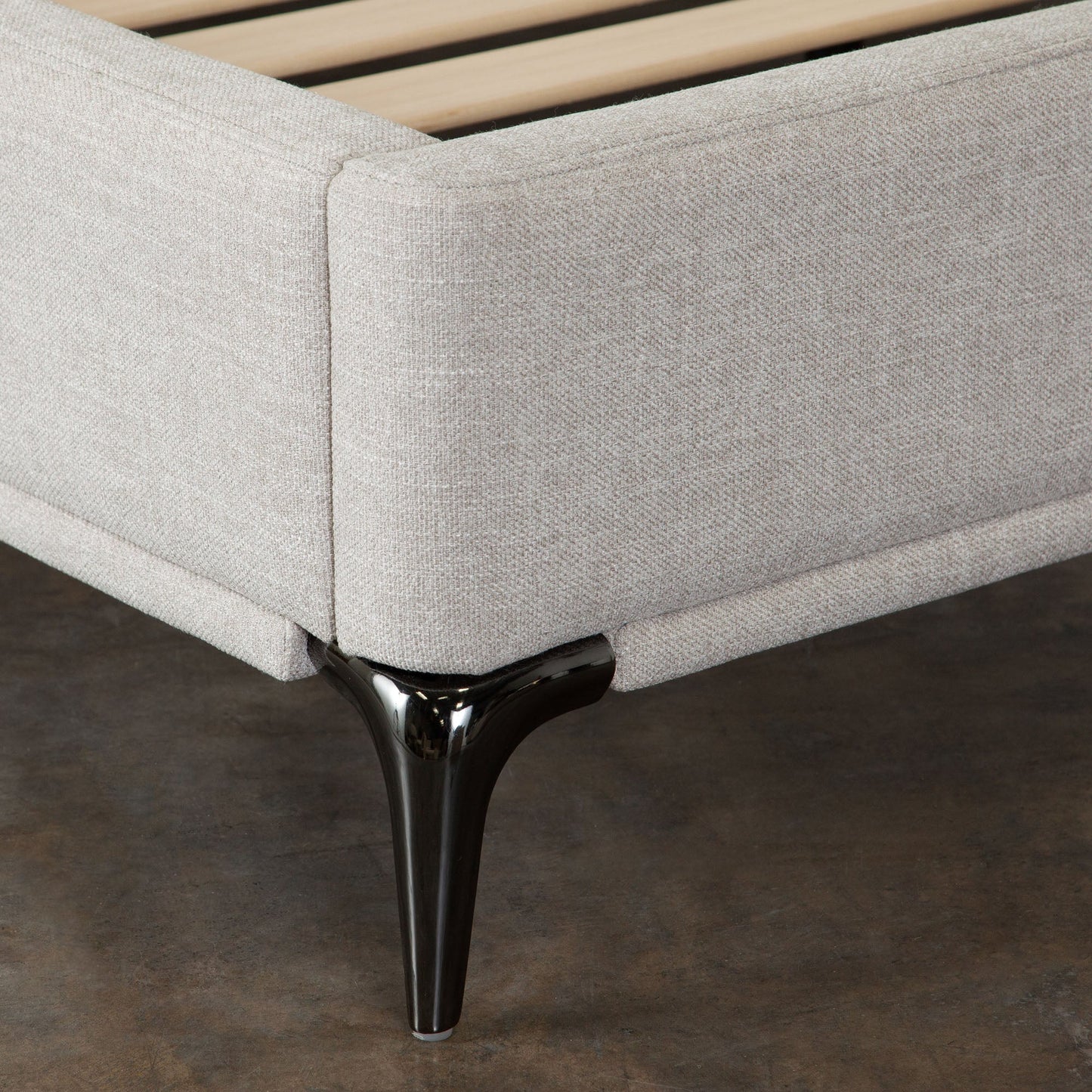 Leandro Low Profile Eastern King Bed in Clarkson Sand Fabric w/ Black Metal Leg by Diamond Sofa