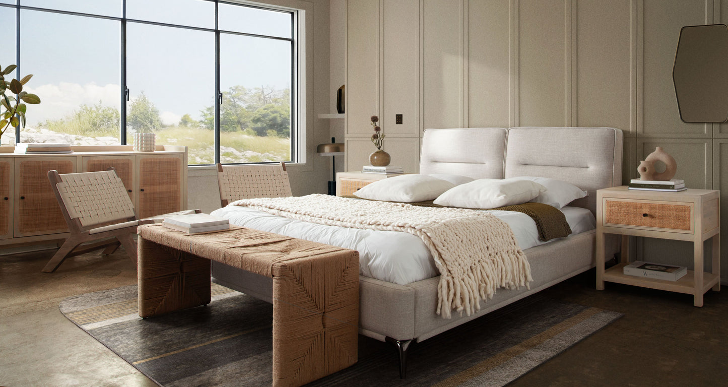 Leandro Low Profile Eastern King Bed in Clarkson Sand Fabric w/ Black Metal Leg by Diamond Sofa