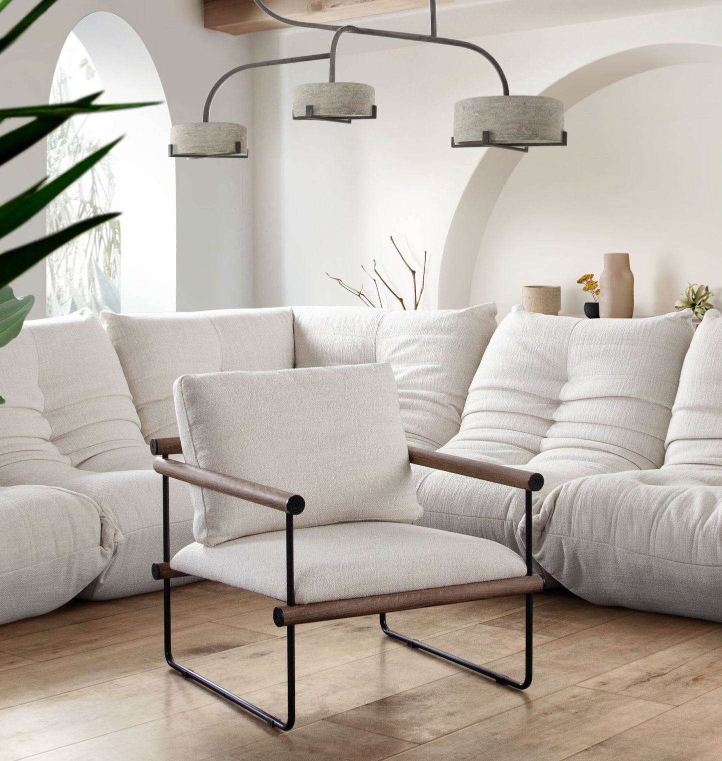 Liam Accent Chair in Cream Fabric w/ Metal Frame & Wood Arm by Diamond Sofa